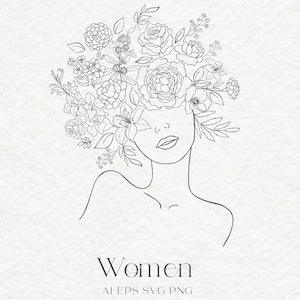 Vrouwen, hoofd, bloem, roos, pioen, lelie, clipart, bloemen, cosmetisch, mode, magie, plant, tak, tatoeage, logo, zeer fijne tekeningen, png, SVG