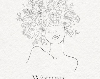 Women, Head, Flower, Rose, Peony, Lily, Clipart, Floral, Cosmetic, Fashion, Magic, Plant, Branch, Tattoo, Logo, Line Art, PNG, SVG