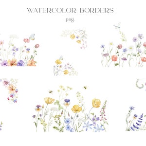 Flores silvestres em aquarela, borda floral, clipart de flores, molduras, anêmona, papoula, chicória, campainhas, amores-perfeitos, trevo, camomila, prado, PNG