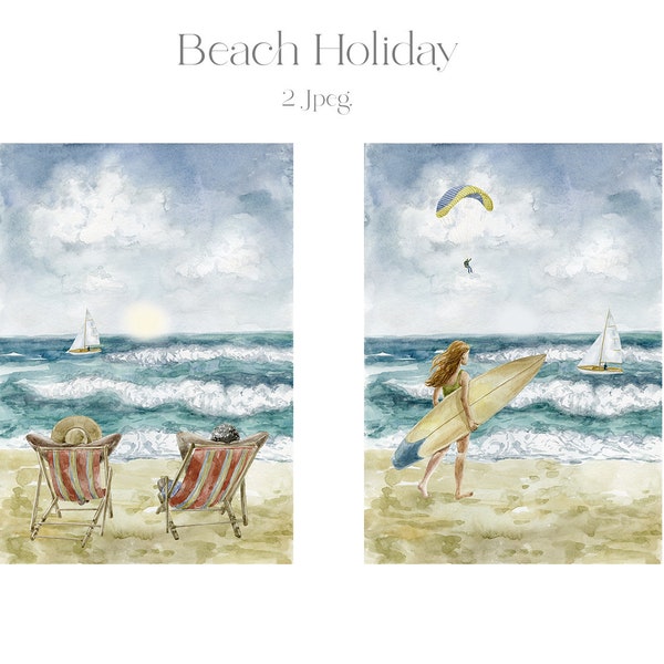 Beach, Holiday, Illustration, Woman, Men, Couple, Travel, Wanderlust, Watercolor, Vacation, People, Surfing, Sea, Ocean, Poster Sunbeds Jpeg