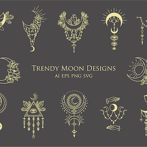 Maan clipart kristal hand getekende botanische bloemen bladeren maanbloem magische plant spirituele slang tattoo logo astrologie heks kosmische gouden SVG