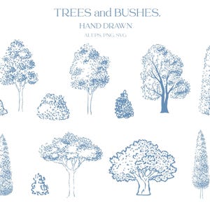 May include: A hand-drawn illustration of trees and bushes in blue. The image includes various tree and bush styles, such as tall, slender trees and rounded bushes. Text at the top reads "TREES and BUSHES. HAND DRAWN".