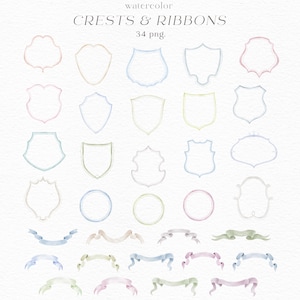 Crests, Wedding Crests, Watercolor crests, Watercolor, Clipart, Watercolor Clipart, Ribbons, Frames, Borders, Blue, Green, Pink, PNG