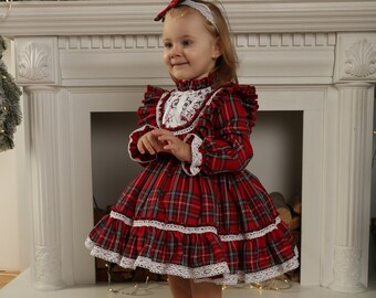 New Arrival Gorgeous Baby Girl Spanish A Line Tartan Dress Lace Collar Big Bow 