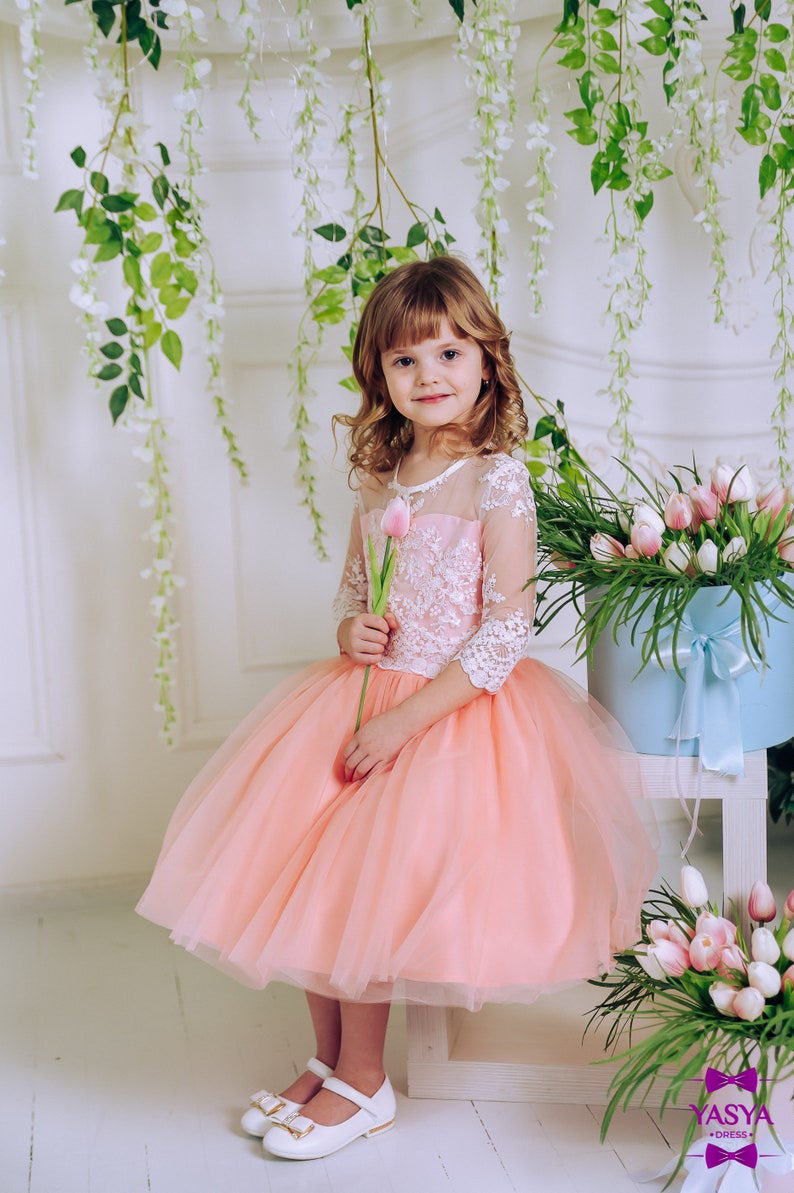 Beautiful Girls Full Length Pink Peach Lace Tulle Layered Tutu Flower Girl Dress