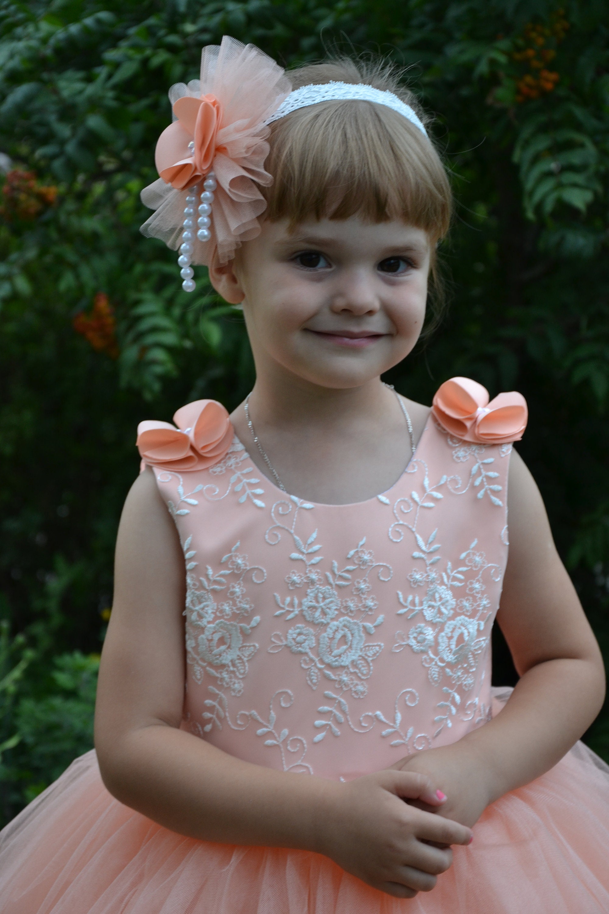 First Birthday Dress Peach Flower Girl Dress Lace Toddler Etsy