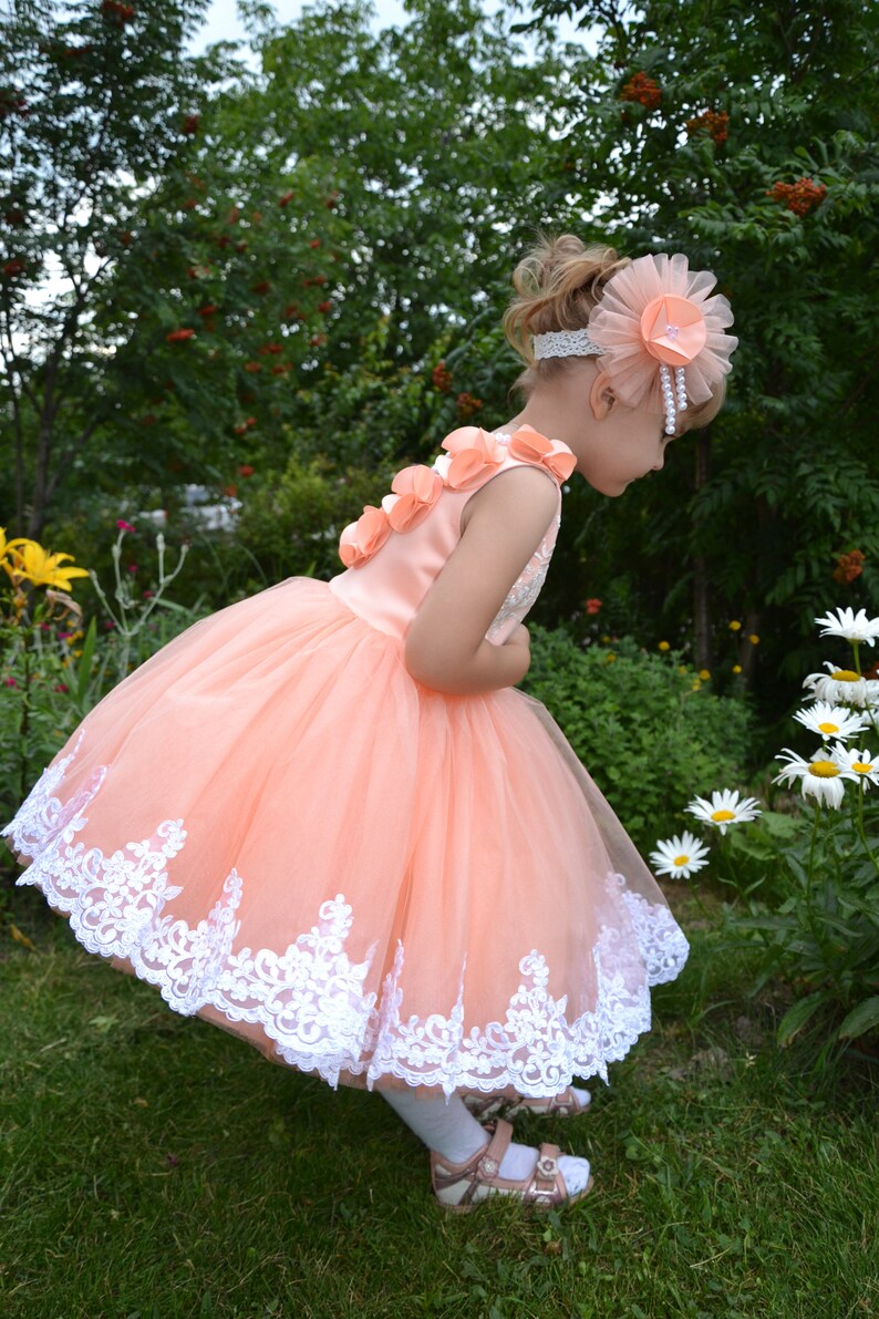 First Birthday Dress Peach Flower Girl Dress Lace Toddler Etsy