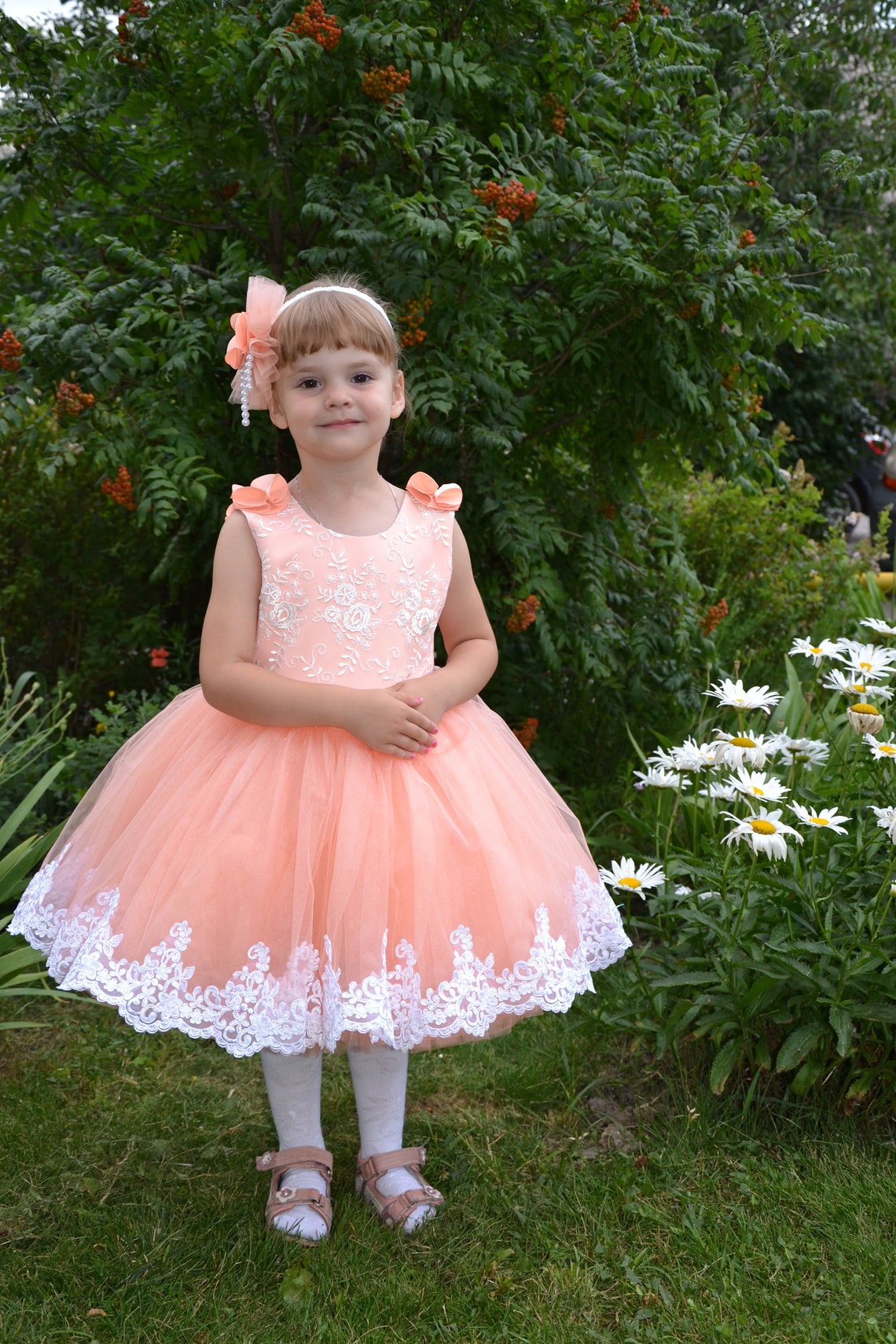 First Birthday Dress Peach Flower Girl Dress Lace Toddler Etsy