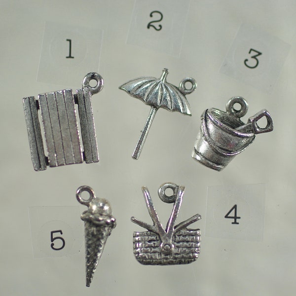 Vintage Silver Beach Charms, Picnic Table Charm, Umbrella Charm, Pail Shovel Charm, Craft Girl Gift, Ice Cream Cone Charm, 3D Charm, 2pc