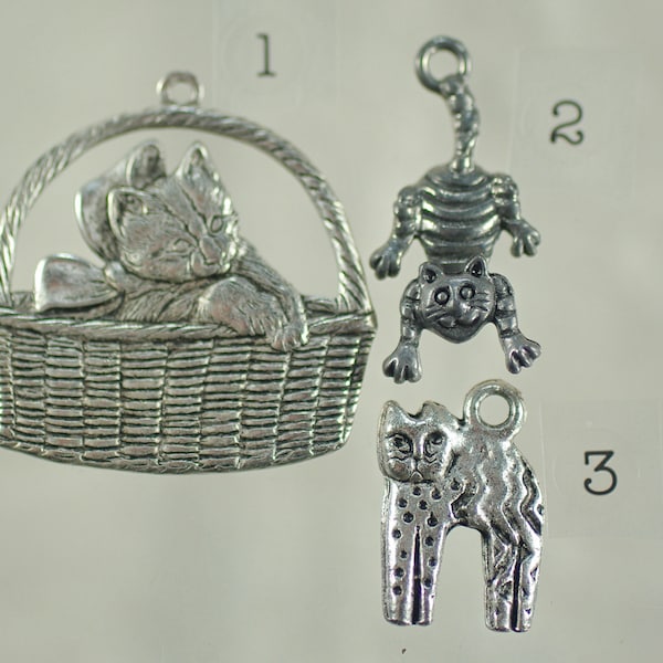 Vintage Brass Cat Pendant Charms, Silver Brass Cat in Basket, DIY Silver Plated Cat Earrings Bracelets Necklaces, Moveable Cat Charm, 2-6 pc