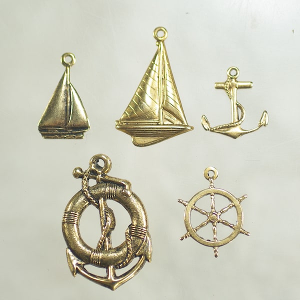 Vintage Gold Nautical Charms, Sailboat Anchor Ships Wheel Life Preserver Charms, DIY Nautical Necklace Earring Bracelet, Fairy Garden, 4+pc