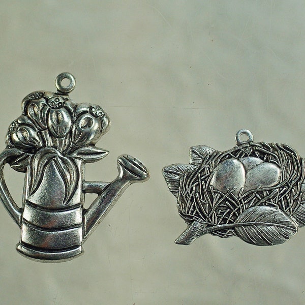 Vintage Silver Garden Bird Charms, DIY Nature Earrings Pendants, Flower Watering Can Bird Nest Pendant Stampings, Fairy Garden Supply, 2pc