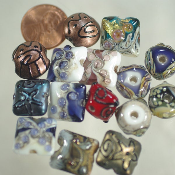Lamp Work Artisan Glass Bead Lot, Purple Bronze Copper Blue Glass Bead Lot, DIY Lamp Work Glass Earrings, 15pc
