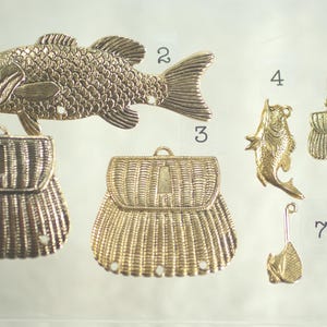 Brass Fishing Charm Stampings: Jewelry Making Fish Basket Fishing Reel, Gold Plated Nautical Charms, 1-5pc