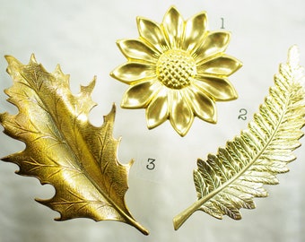 Vintage Brass Flower Oak Leaf Stampings, Raw Brass Daisy Stamping, Brass Oak Fern Branch Stampings, DIY Flower Leaf Pendant Brooch, 2-6 pc