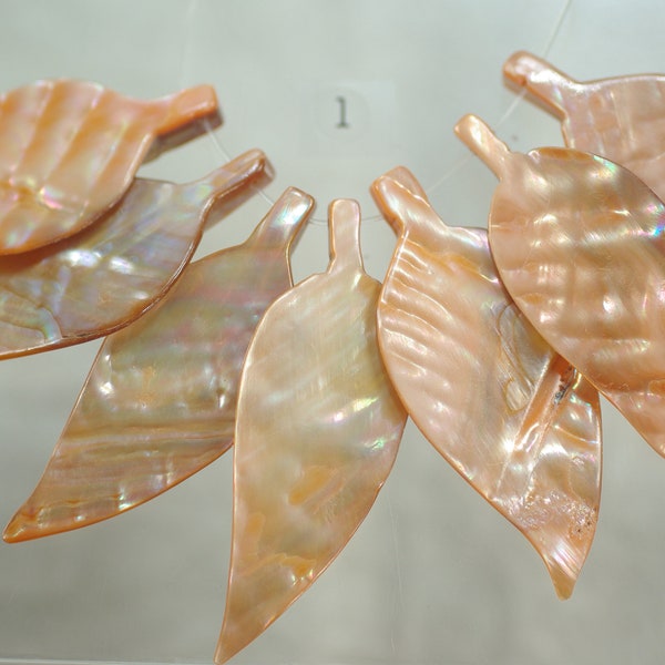 Vintage Hand Carved Orange Shell Leaves, DIY Orange Shell Necklace, Pastel MOP 50mm Leaf, Reversible Shell Leaf Bead, Shell Leaf Lot, 7-8pc