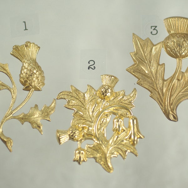 Vintage Brass Thistle Stampings, Victorian Raw Brass Thistle Stampings, DIY Thistle Brooches/Pendants, 1-2pcs