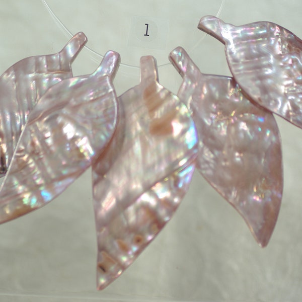 Vintage Hand Carved Pink Shell Leaves, DIY Pink Shell Necklace, Pastel MOP 63mm Leaf, Reversible Shell Leaf Bead, Purple Shell Leaves, 5-6pc