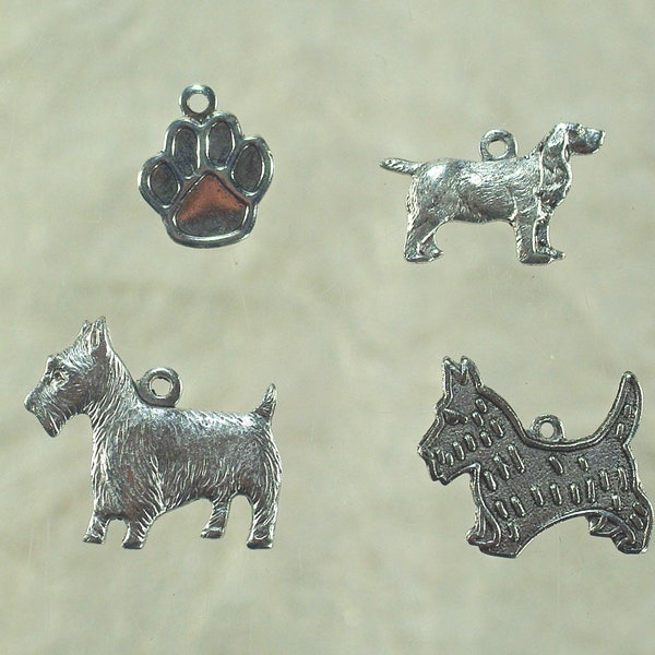 Vintage Brass Dog Charms, Silver Scotty Terrier Toto Spaniel Charms, DIY Dog Earring Bracelet, Dog Cat Paw Charms, Silver Dog Charm, 2-10 pc