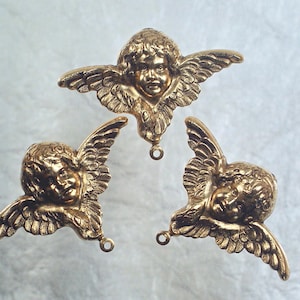 Gold Brass Winged Cherub Stampings, Victorian Plated Angel Stamping for Brooch/Pendant Assembly, 1-2pc
