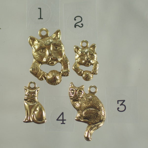 Vintage Brass Cat Charms, Vintage Brass Sitting Cat Charms, DIY Gold Child Cat Earrings Bracelets, Plated Cat Face Stampings, 6 pc