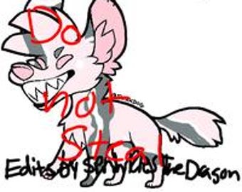 May include: A cartoon illustration of a pink and gray dog with a wide grin and sharp teeth. The dog has a striped pattern on its body and tail.