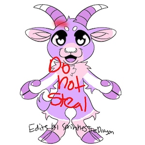 May include: A digital illustration of a light purple goat character with large dark eyes, curved horns, and pink accents on the ears and chest. The text "Do not Steal" is written in red across the centre, with "Edits by SprinklesTheDragon" below.