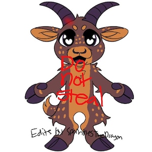 Può includere: Un'illustrazione digitale di una creatura caprina marrone con corna e zoccoli viola scuro, caratterizzata da grandi occhi con riflessi a forma di cuore, macchie marrone chiaro e il testo rosso "Do Not Steal" e nero "Edits by SprinklesTheDragon".