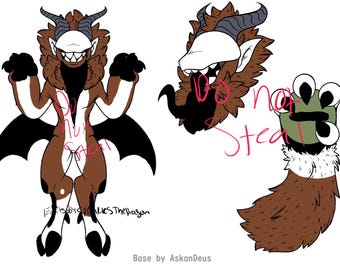 May include: A cartoon illustration of a brown and white creature with horns, wings, and a large mouth. The creature has a white face with black eyes and a black beard. The creature is standing on its hind legs and has its arms outstretched. The creature is surrounded by a white background.
