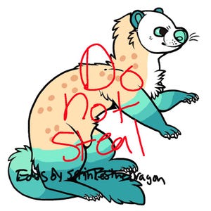 Puede incluir: Ilustración de dibujos animados de una criatura parecida a un hurón con cuerpo beige, manchas marrones y detalles en azul y blanco. La imagen tiene las palabras "Do Not Steal" escritas en rojo.