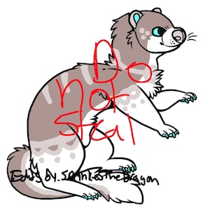 Peut inclure: Illustration de dessin animé d'un furet dans les tons de gris, blanc et bleu. Le furet a un motif rayé sur le dos et un ventre blanc. Les mots "Do Not Steal" sont écrits en rouge sur l'image.