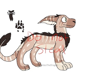 May include: A cartoon illustration of a striped, brown and white, furry creature with a long tail and a feather at the end. The creature has a long snout, large ears, and green eyes. The creature is standing on all fours and has a black mane. The text "Do not steal" is written in red on the image.