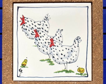 NEW! Triple hens cork trivet tile, teapot stand, lovely bright colours for all Chicken fans