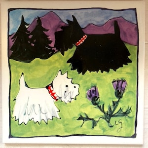 Black Scottie and White Westie dog picture on hanging  tile, can be used for kitchens, splash back,  etc