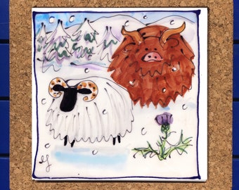 ¡Nuevo! Salvamanteles de invierno/navidad con diseño de vaca y oveja de las Tierras Altas, regalo escocés, hecho en el Reino Unido.