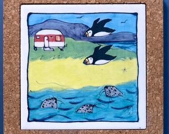 NEW! Caravan, seals and puffins  cork trivet tile, lovely bright colours, teapot stand
