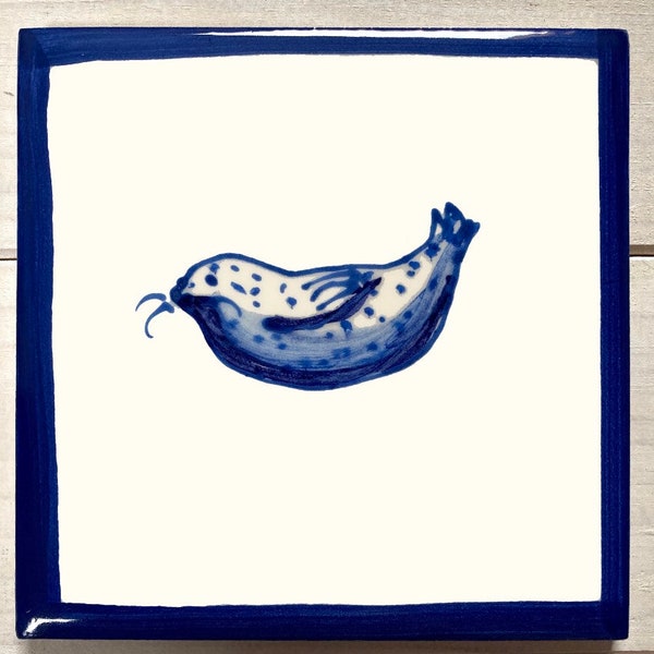 NEW! Hand painted and glazed delft tile, hanging gift tile, seal design, bathroom tiles, splash back tiles