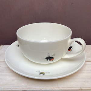 Buy a PAIR - multi save -  Bee cappuccino cup and saucer, perfect for coffee lovers / morning breakfast coffee