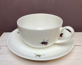 Pair of Bee Cappuccino Cup and Saucer Set: Made in UK