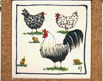 Cockerel and hens cork trivet tile, teapot stand, lovely bright colours for all Chicken fans