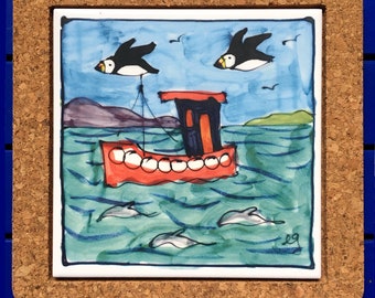 NEW! Puffer boat, dolphins and puffins  cork trivet tile, lovely bright colours, teapot stand, Christmas gift