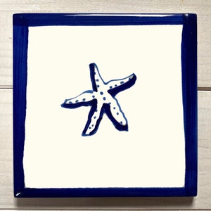 Azulejo de estrella de mar de Delft pintado a mano: placa de pared de cerámica esmaltada