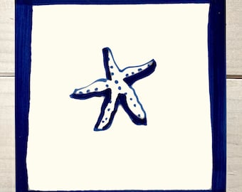 Hand-Painted Delft Starfish Tile: Glazed Ceramic Wall Plaque