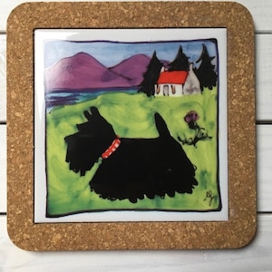 Black Scottie dog, trivet, teapot stand, colourful Scottish Gift made in UK