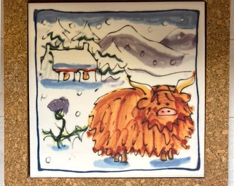 Winter / Christmas Highland Cow trivet teapot stand, Scottish Gift, made in UK