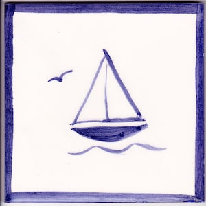 hand painted delft tile, hanging gift tile, sailing boat, yacht, splash back tiles, kitchen tiles