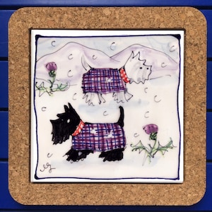 Winter Scottie and Westie dogs trivet teapot stand, Scottish Gift made in UK