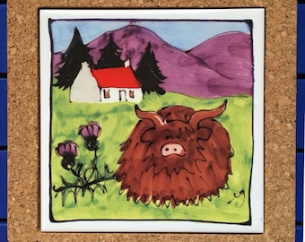 Highland Cow Cork Trivet Tile: Scottish Kitchen Gift
