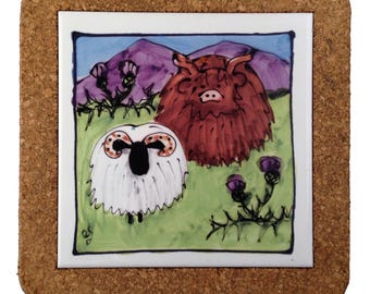 Highland Cow & Sheep Trivet: Scottish Kitchen Decor
