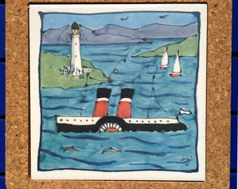 Waverley and lighthouse  cork trivet tile, lovely bright colours, PS Waverley, Christmas gifts for him